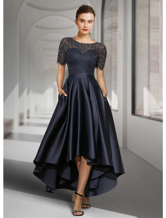 wholesale  A-Line Mother of the Bride Dress Fall Wedding Guest Elegant High Low Jewel Neck Asymmetrical Tea Length Satin Lace Short Sleeve with Pleats