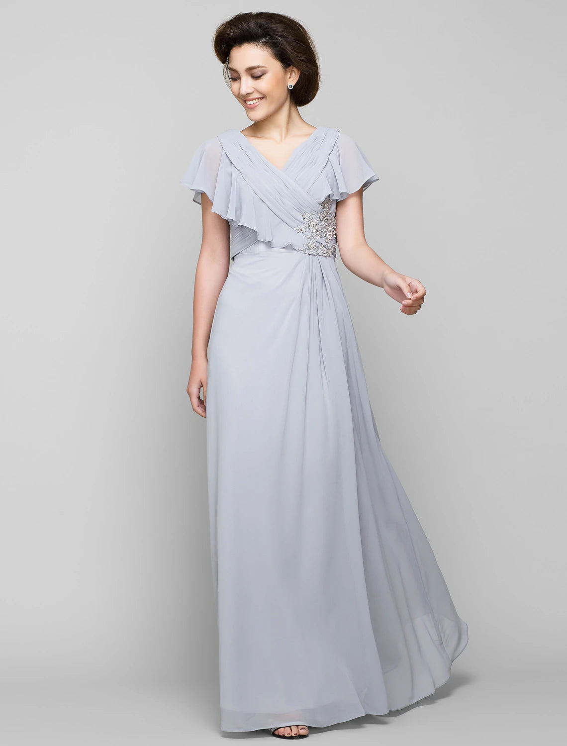 wholesale  A-Line Mother of the Bride Dress Elegant V Neck Floor Length Chiffon Sleeveless No with Criss Cross Crystals