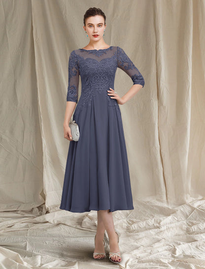 Wholesa  A-Line Mother of the Bride Dress Elegant Jewel Neck Tea Length Chiffon Lace Half Sleeve with Pleats Appliques