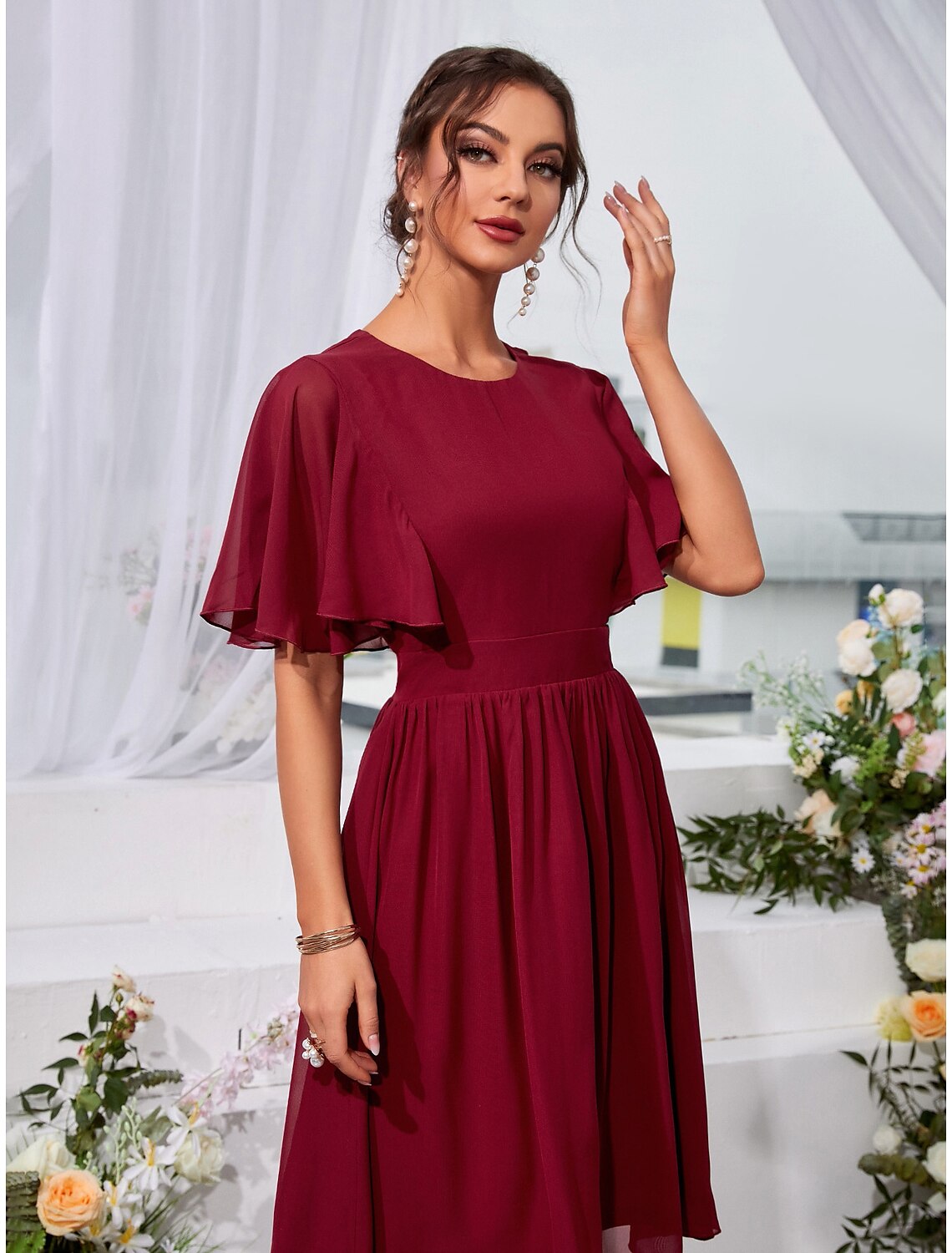 Wholesale A-Line Wedding Guest Dresses Elegant Dress Holiday Knee Length Short Sleeve Jewel Neck Chiffon with Pleats Ruffles