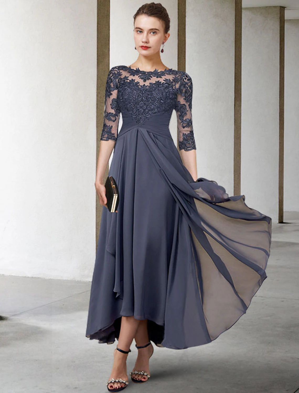 Wholesa  A-Line Mother of the Bride Dress Fall Wedding Guest Plus Size Elegant High Low Jewel Neck Asymmetrical Tea Length Chiffon Lace Half Sleeve with Ruched Appliques