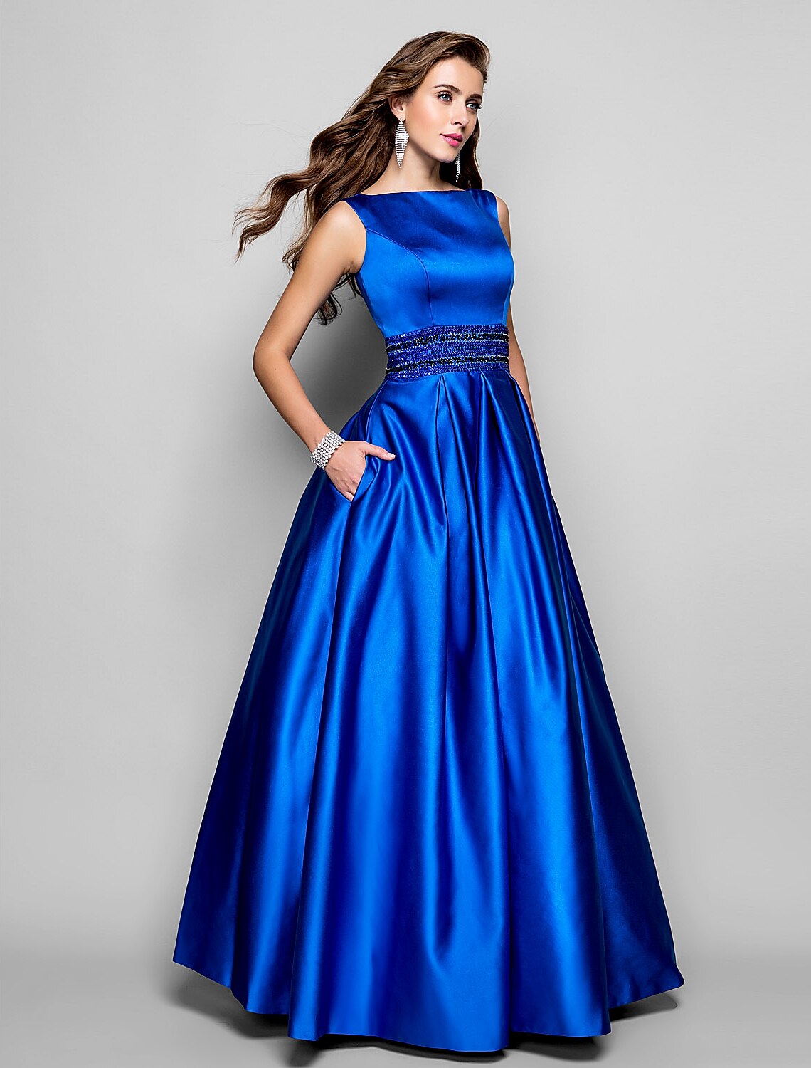 Wholesale A-Line Elegant Dress Wedding Guest Floor Length Sleeveless Boat Neck Pocket Satin with Pleats Beading