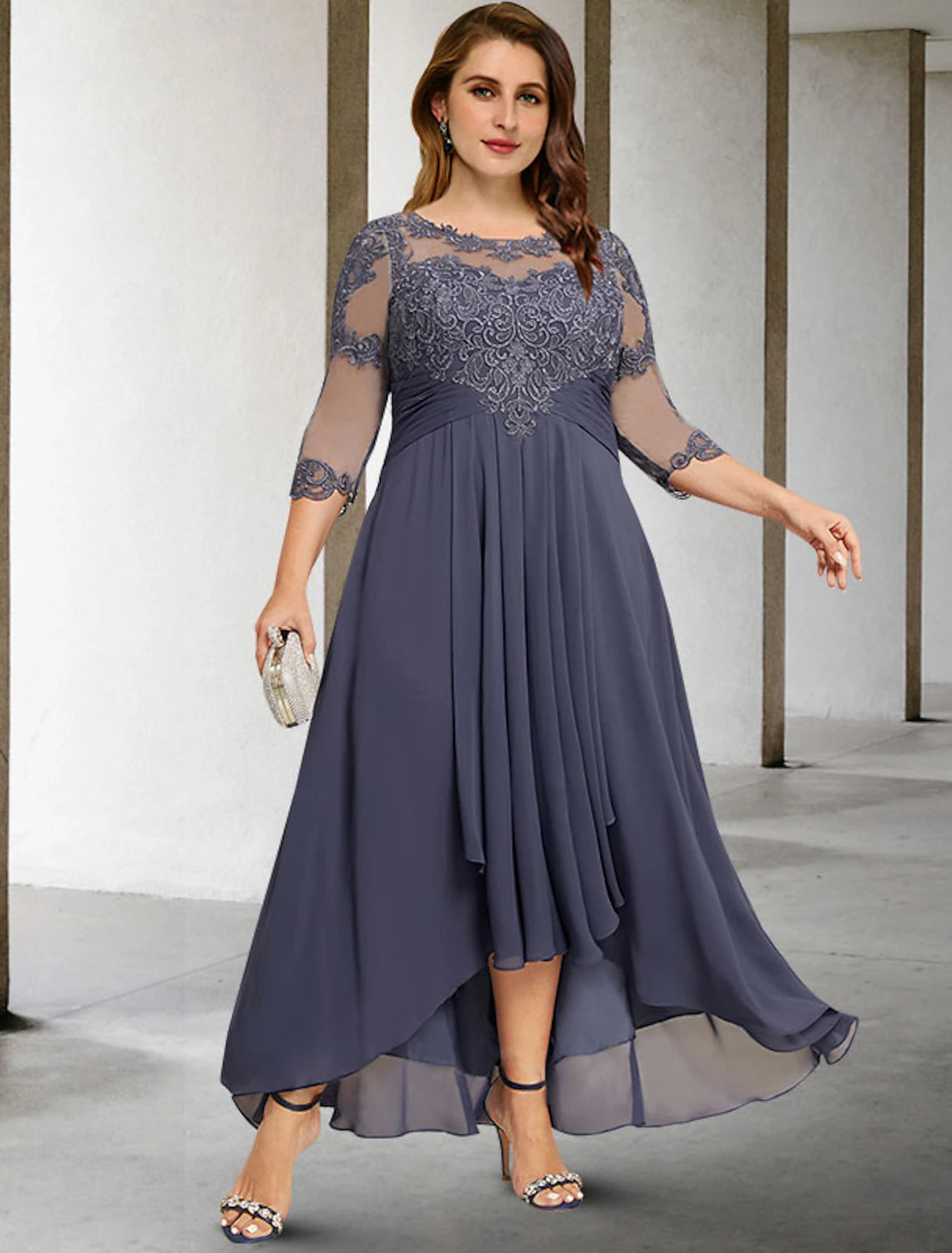 Wholesa A-Line Mother of the Bride Dresses Plus Size Hide Belly Curve Elegant Fall Wedding Guest Dress Formal Asymmetrical 3/4 Length Sleeve Jewel Neck Chiffon with Pleats Ruched Appliques