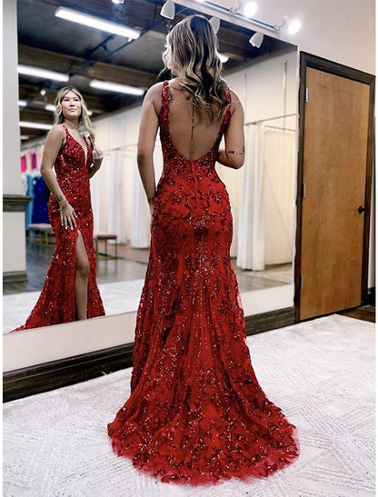 Wholesa Mermaid / Trumpet Prom Dresses Sparkle & Shine Dress Formal Wedding Party Sweep / Brush Train Sleeveless V Neck Sequined Backless with Sequin