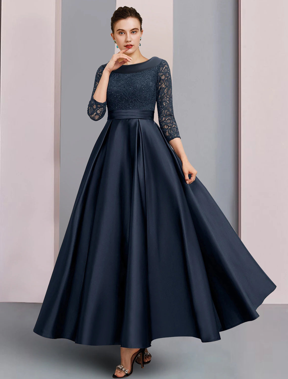 Wholesa  A-Line Mother of the Bride Dress Formal Wedding Guest Elegant Vintage Bateau Neck Ankle Length Satin Lace 3/4 Length Sleeve with Pleats Ruched