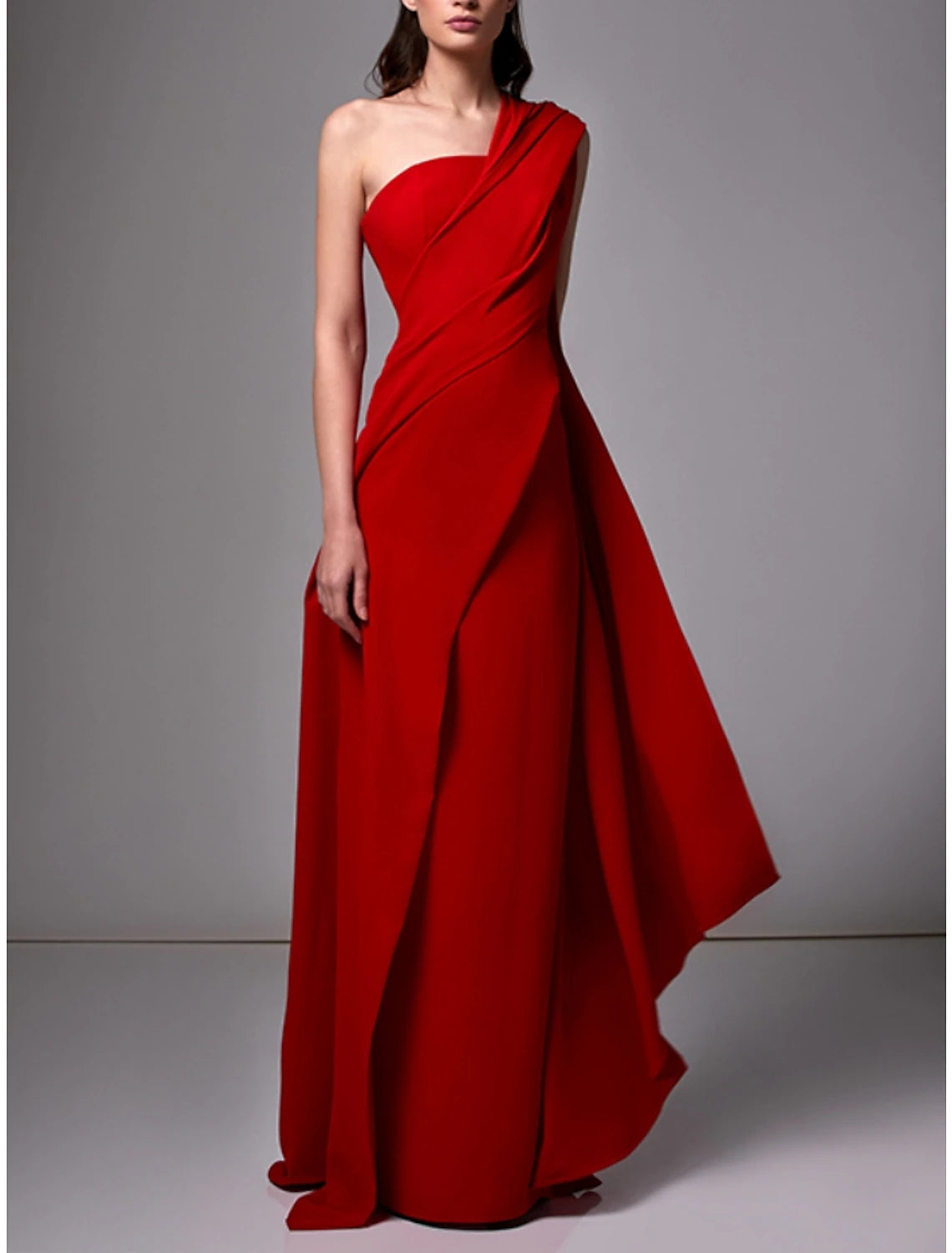 Wholesa Sheath Evening Gown Red Green Dress Elegant Dress Formal Sweep / Brush Train Sleeveless One Shoulder Stretch Chiffon with Pleats Ruched