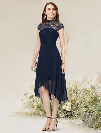 Wholesa  A-Line Cocktail Dresses Flirty Dress Homecoming Wedding Guest Asymmetrical Sleeveless Jewel Neck Chiffon with Lace Insert