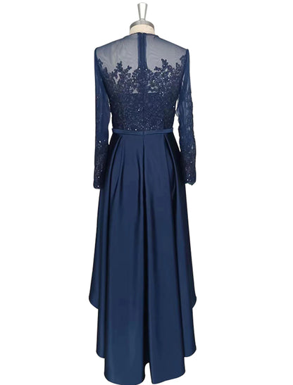 Wholesa  A-Line Cocktail Dresses Elegant Dress Wedding Guest Party Wear Asymmetrical Long Sleeve Jewel Neck Satin with Crystals Appliques