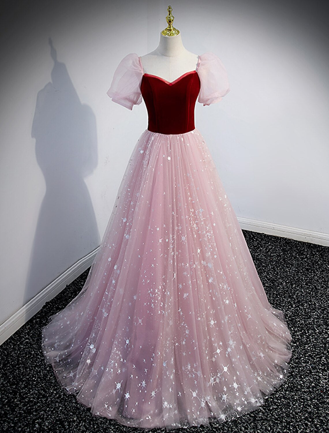 wholesale  A-Line Prom Dresses Princess Dress Prom Floor Length Short Sleeve Sweetheart Tulle with Sequin