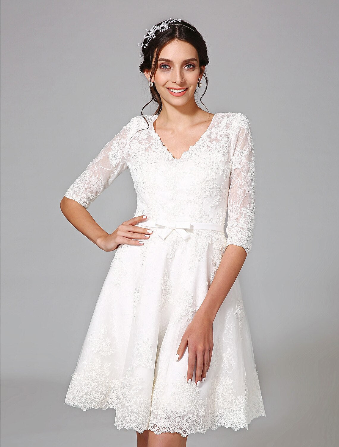 Wholesale Reception Little White Dresses Wedding Dresses A-Line V Neck Half Sleeve Knee Length Lace Bridal Gowns With Bowknot Sash / Ribbon Summer Wedding Party