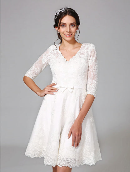 Wholesale Reception Little White Dresses Wedding Dresses A-Line V Neck Half Sleeve Knee Length Lace Bridal Gowns With Bowknot Sash / Ribbon Summer Wedding Party