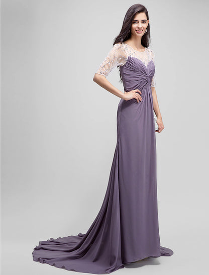 wholesale  A-Line Mother of the Bride Dress Elegant Scoop Neck Floor Length Chiffon Half Sleeve No with Criss Cross Beading