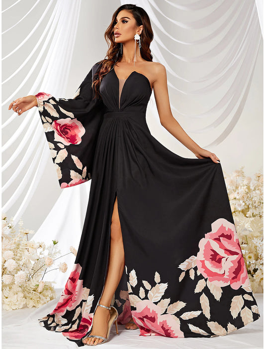 wholesale A-Line Wedding Guest Dresses Floral Dress Formal Court Train Long Sleeve One Shoulder Chiffon with Slit Print