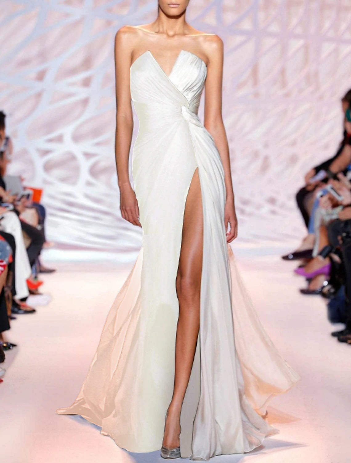 Wholesa Sheath / Column White Party Wear Formal Evening Dress Strapless Sleeveless Sweep / Brush Train Polyester with Slit