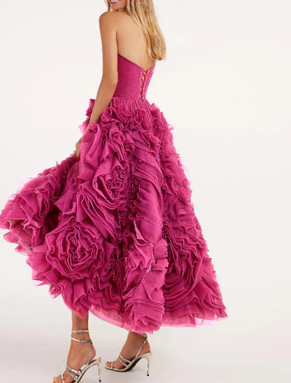 Wholesa A-Line Prom Dresses Floral Dress Masquerade Ankle Length Sleeveless Strapless Tulle Backless with Floral