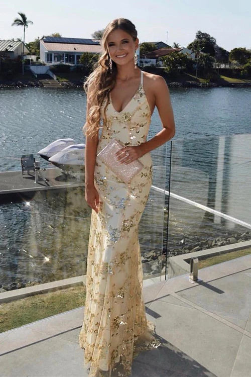 Wholesale Fashion Lace-Up Mermaid Long Gold Prom Dress with Sequins