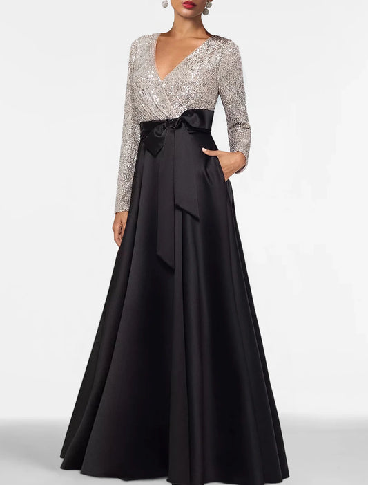 Wholesa A-Line Evening Gown Elegant Dress Formal Floor Length Long Sleeve V Neck Fall Wedding Guest Satin with Sequin Pocket