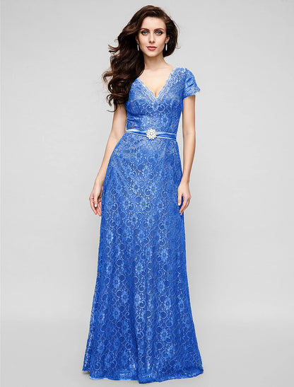 Wholesa A-Line Elegant Dress Holiday Cocktail Party Floor Length Short Sleeve V Neck All Over Lace with Crystal Brooch