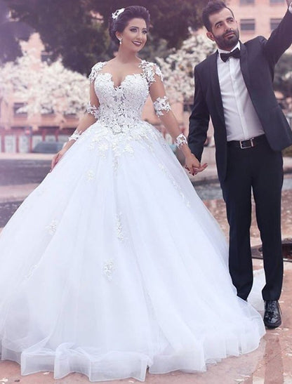 Wholesale Church Ball Gown Wedding Dresses Court Train Formal Open Back Long Sleeve Jewel Neck Lace With Bridal Gowns / Garden / Outdoor / Engagement / Bell Sleeve