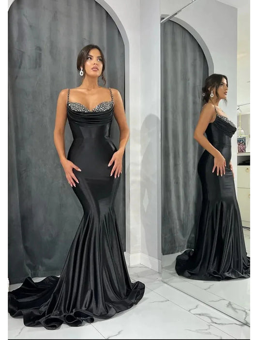 wholesale  Mermaid / Trumpet Evening Gown Open Back Dress Formal Evening Court Train Sleeveless Sweetheart Charmeuse with Glitter Crystals