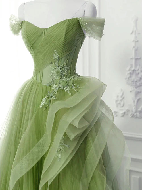 Wholesale Green A-Line Long Evening Dress Off Shoulder Long Prom Dress Lace Prom Dresses