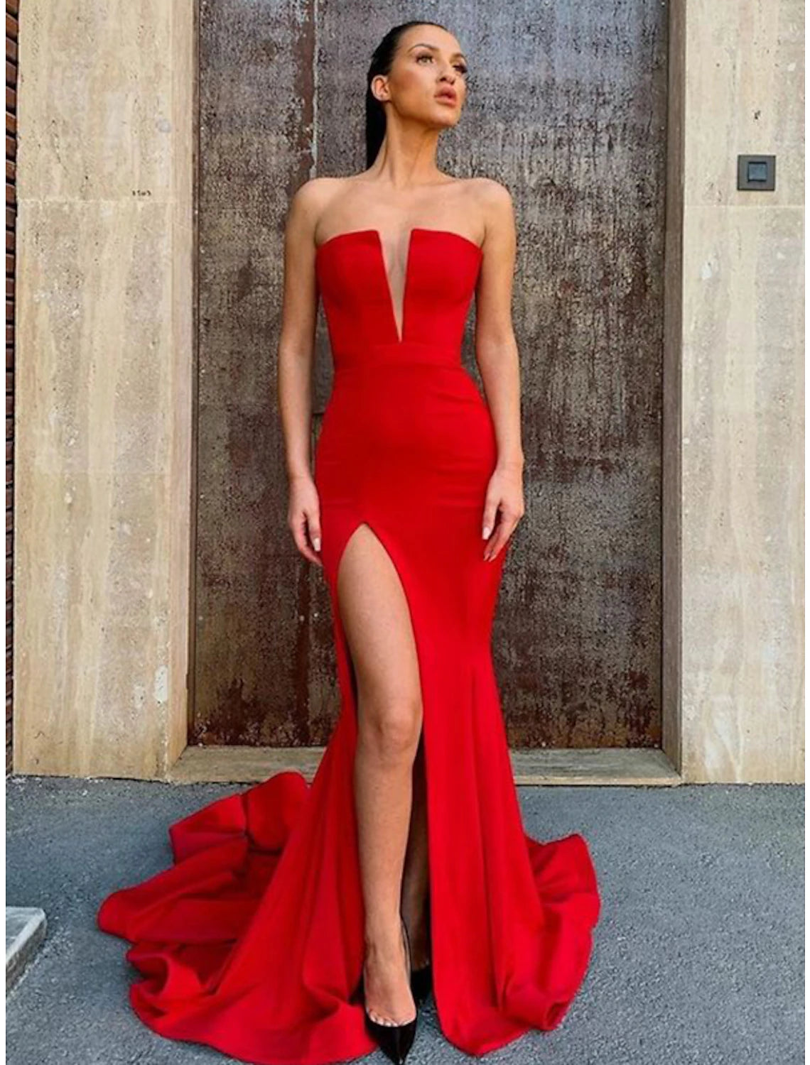 wholesale  Mermaid / Trumpet Prom Dresses Open Back Dress Prom Court Train Sleeveless Strapless Belt / Sash Satin with Slit