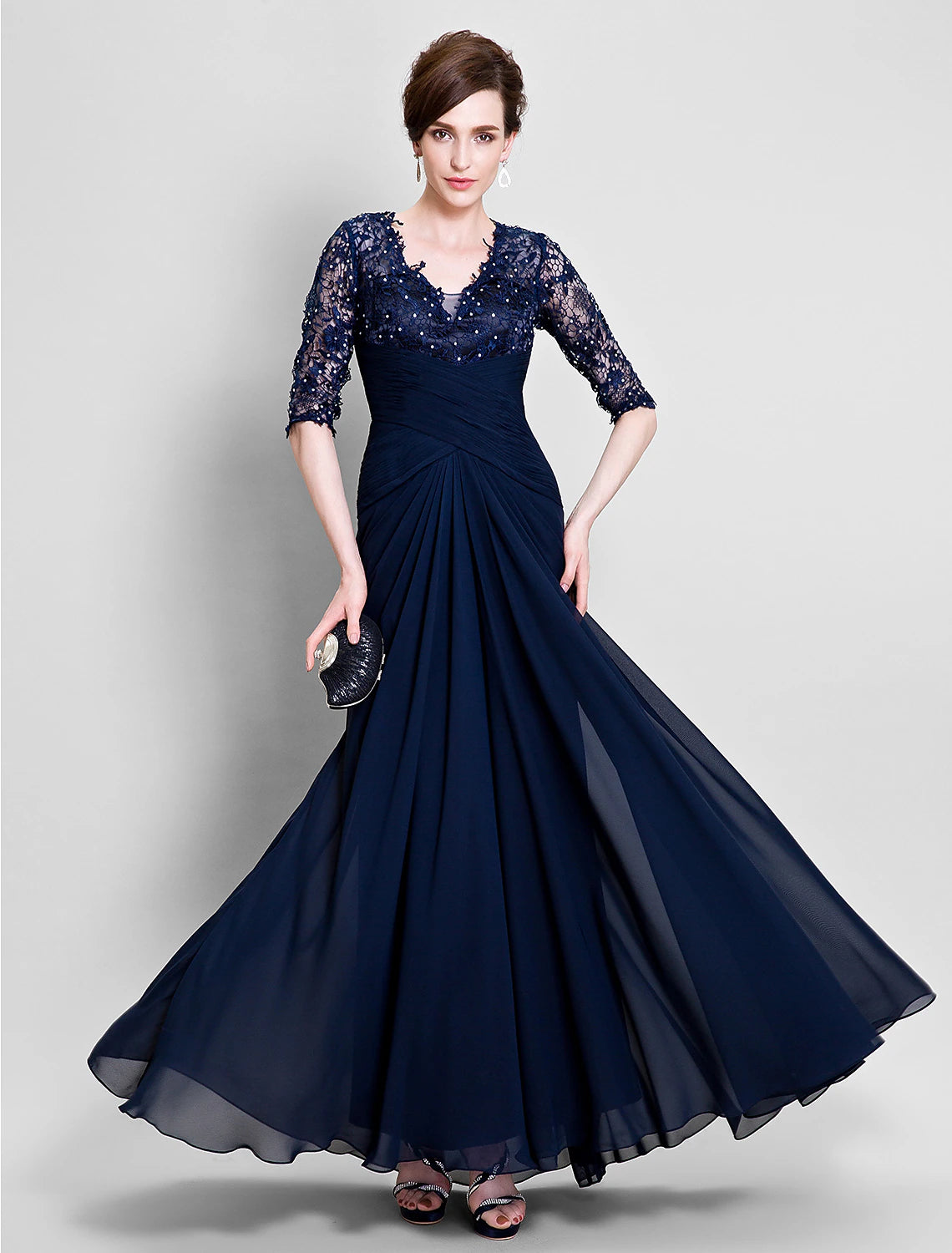 wholesale A-Line Mother of the Bride Dress See Through V Neck Floor Length Chiffon Lace Half Sleeve No with Lace Beading