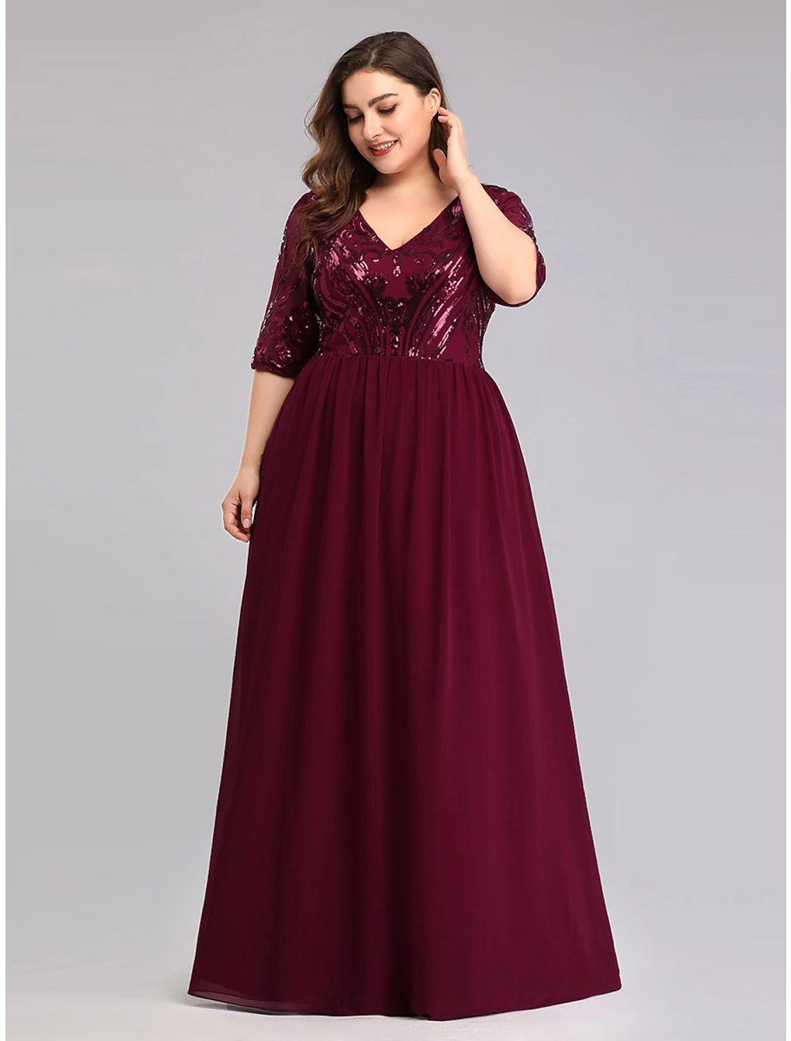 Wholesale A-Line Prom Dresses Plus Size Dress Wedding Guest Floor Length Half Sleeve Plunging Neck Chiffon with