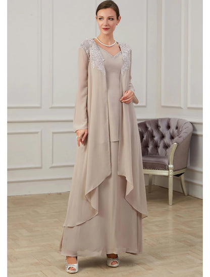 Wholesa  A-Line Mother of the Bride Dress Wedding Guest Elegant Jewel Neck Floor Length Chiffon Long Sleeve Jacket Dresses with Appliques Fall