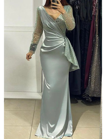 Wholesa Mermaid / Trumpet Evening Gown Sparkle & Shine Dress Formal Wedding Guest Floor Length Long Sleeve V Neck Fall Wedding Guest Charmeuse with Ruched Pearls