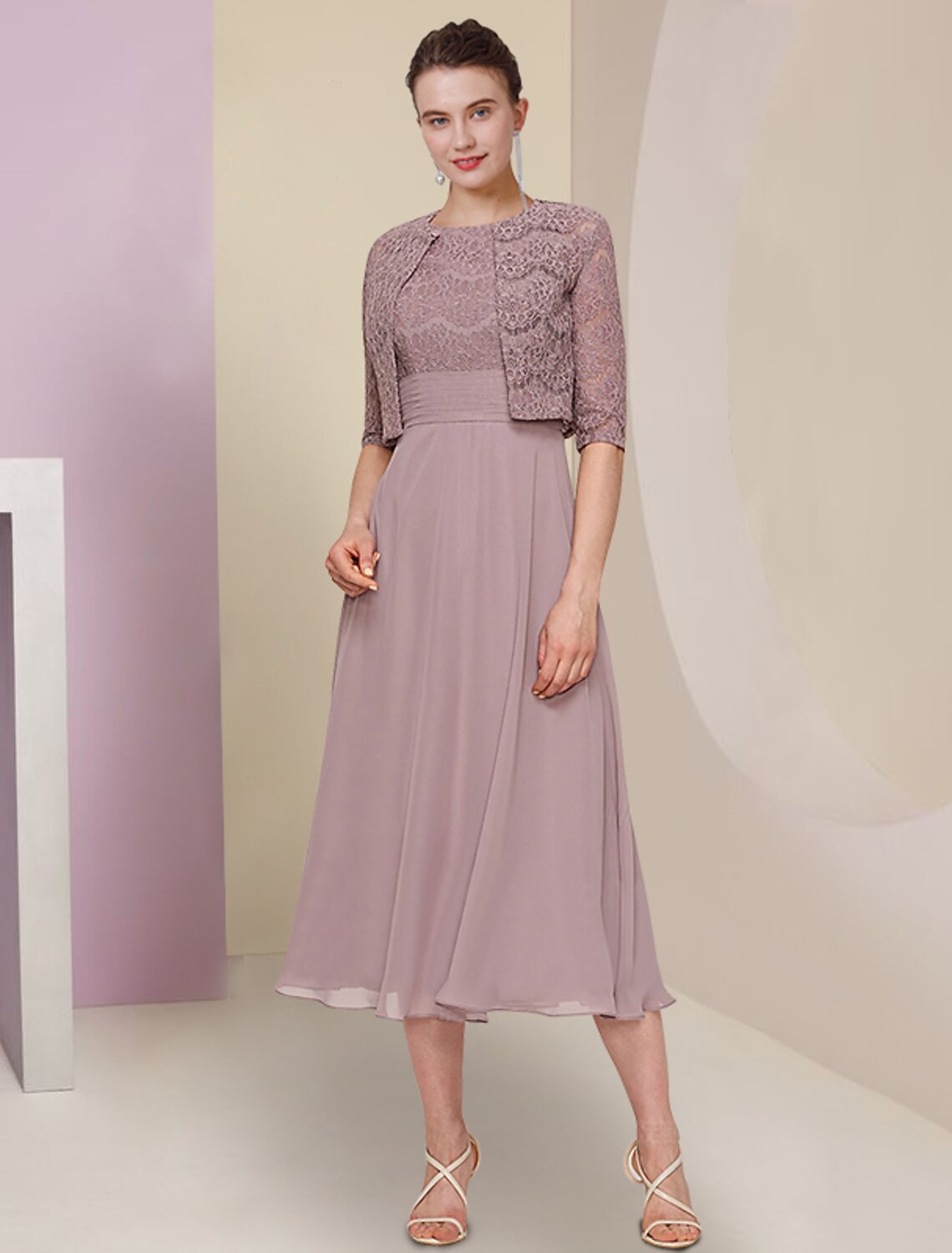 Wholesa  Two Piece Mother of the Bride Dress Wedding Guest Church Elegant Jewel Neck Tea Length Chiffon Lace Half Sleeve with Solid Color