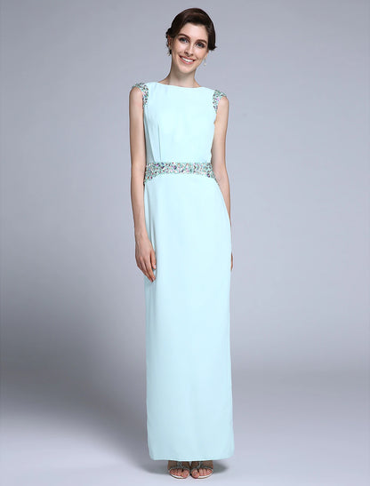 wholesale Sheath / Column Mother of the Bride Dress Elegant Bateau Neck Ankle Length Chiffon Sleeveless No with Crystals