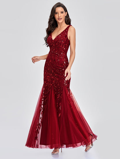 Wholesale Mermaid / Trumpet Empire Elegant Party Wear Formal Evening Valentine's Day Dress V Neck V Back Sleeveless Floor Length Tulle with Embroidery