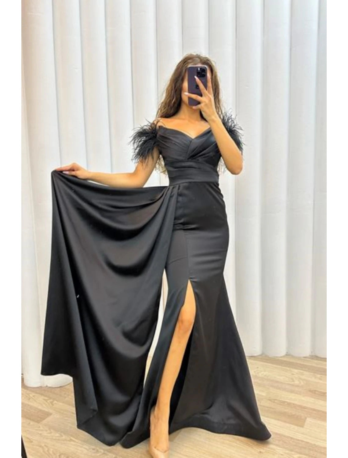 Wholesa A-Line Evening Gown High Split Dress Formal Fall Sweep / Brush Train Short Sleeve Off Shoulder Satin with Feather Ruched Slit