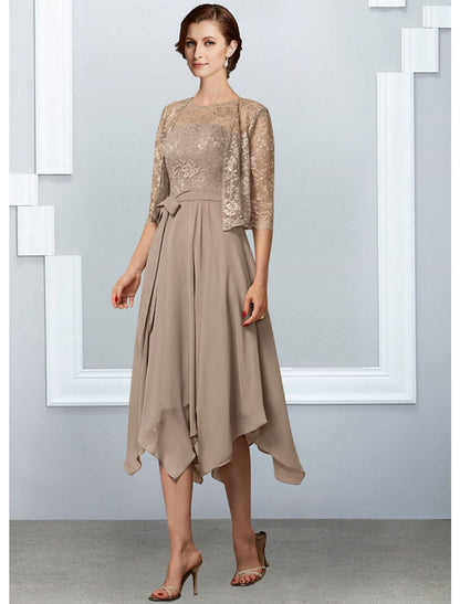 Wholesa A-Line Mother of the Bride Dress Elegant Jewel Neck Tea Length Chiffon Lace Half Sleeve with Pleats