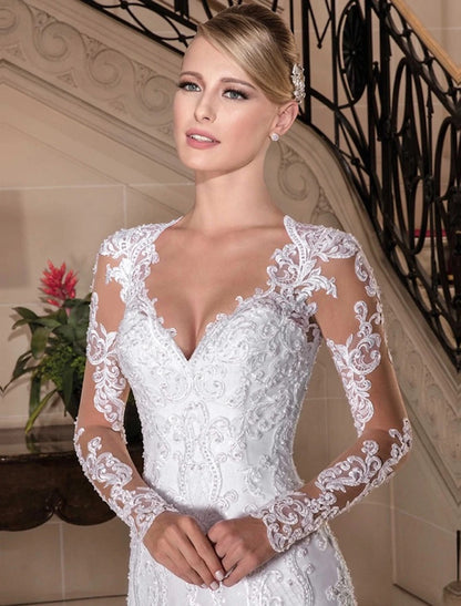 Wholesale Engagement Formal Fall Wedding Dresses Mermaid / Trumpet Sweetheart Long Sleeve Court Train Lace Bridal Gowns With Beading Summer Wedding Party