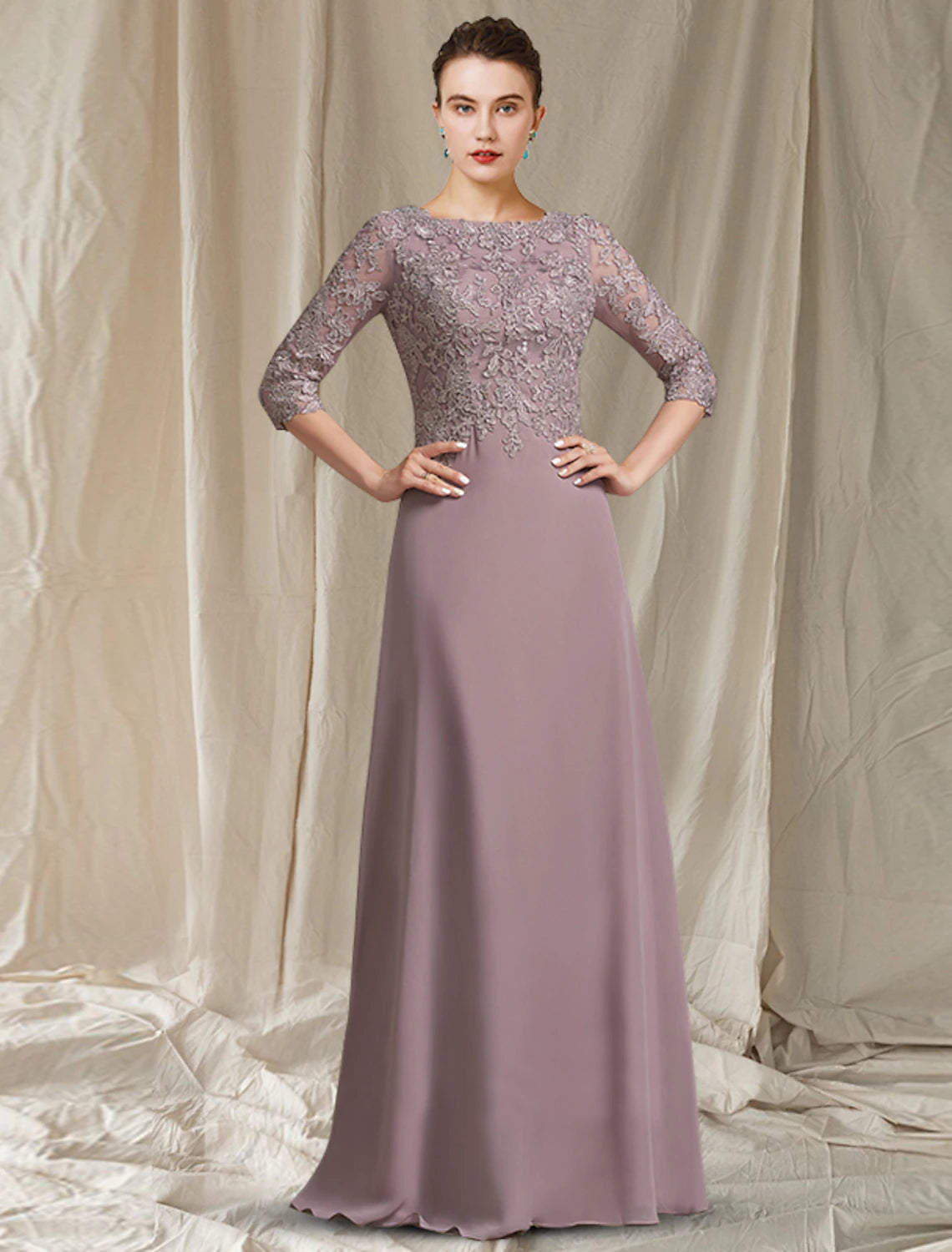 Wholesa A-Line Mother of the Bride Dress Elegant Jewel Neck Floor Length Chiffon Lace 3/4 Length Sleeve with Appliques