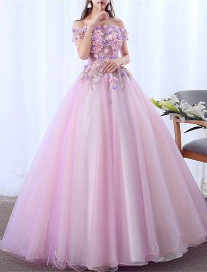 Wholesa Ball Gown Quinceanera Dresses Princess Dress Performance Sweet 16 Floor Length Short Sleeve Off Shoulder Polyester with Appliques