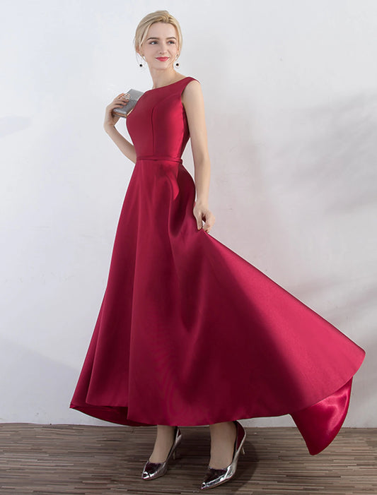 Wholesa A-Line Evening Gown Red Green Dress Wedding Guest Party Wear Asymmetrical Sleeveless Jewel Neck Satin with Sleek