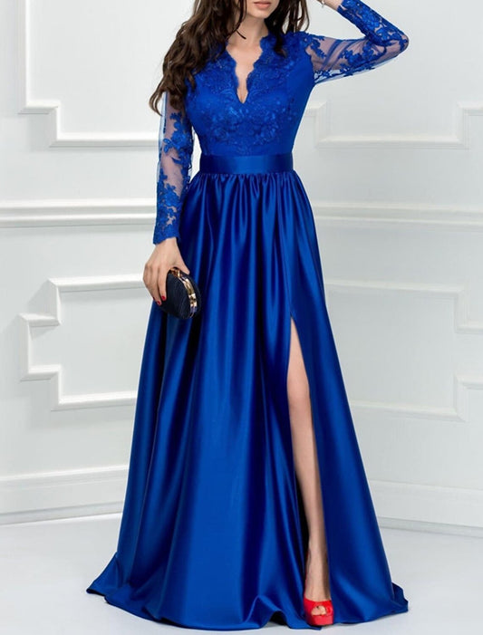 Wholesa A-Line Evening Gown Elegant Dress Formal Wedding Guest Floor Length Long Sleeve V Neck Satin with Slit Appliques