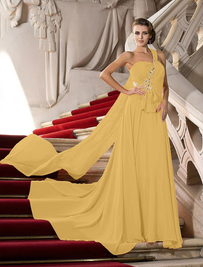 Wholesa A-Line Elegant Dress Wedding Guest Engagement Court Train Sleeveless One Shoulder Chiffon with Crystals Draping