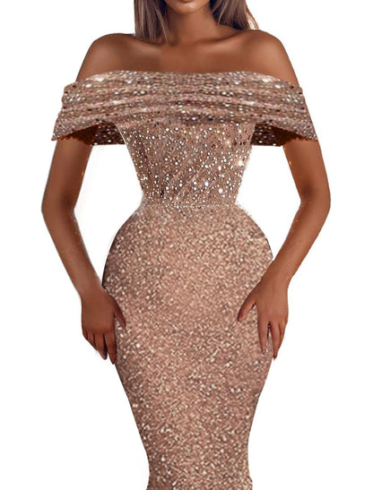 Wholesa Mermaid Party Dress Evening Gown Sparkle & Shine Dress Prom Birthday Asymmetrical Short Sleeve Off Shoulder Sequined with Sequin