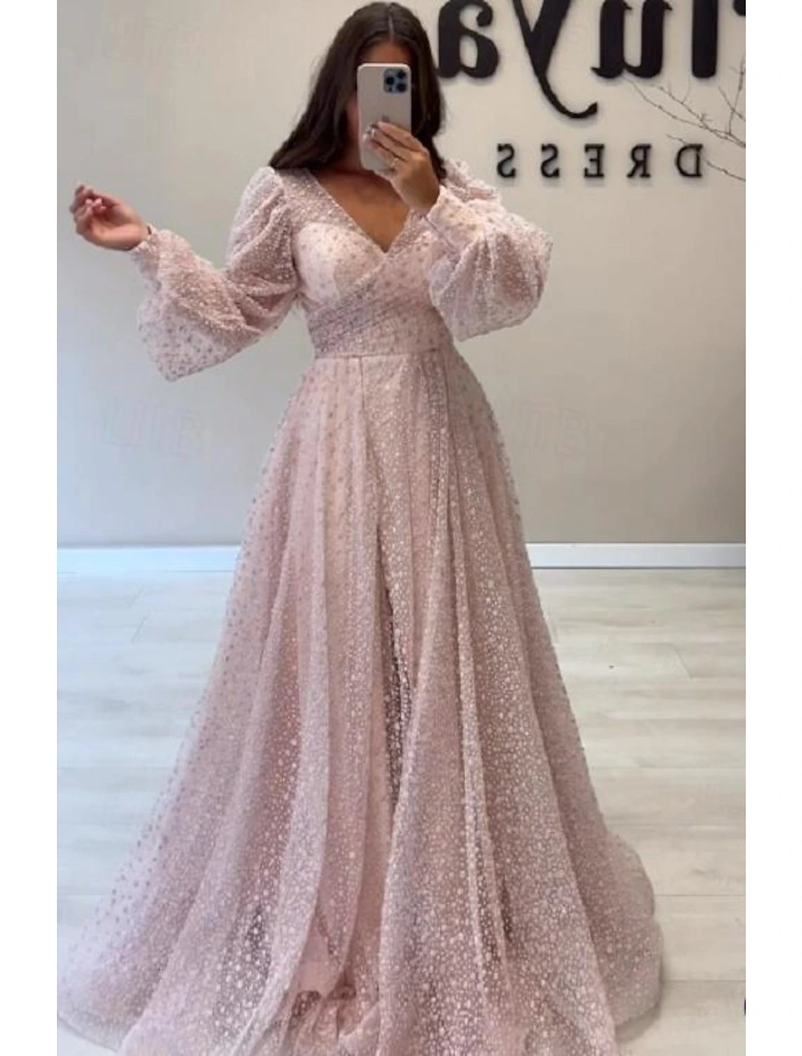 Wholesa A-Line Prom Dresses Elegant Dress Formal Prom Floor Length Long Sleeve V Neck Sequined with Glitter Sequin