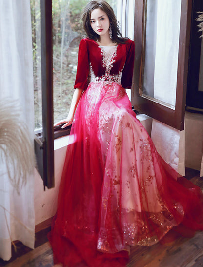 Wholesale A-Line Glittering Cut Out Party Wear Formal Evening Dress Illusion Neck Half Sleeve Floor Length Velvet with Sequin Appliques