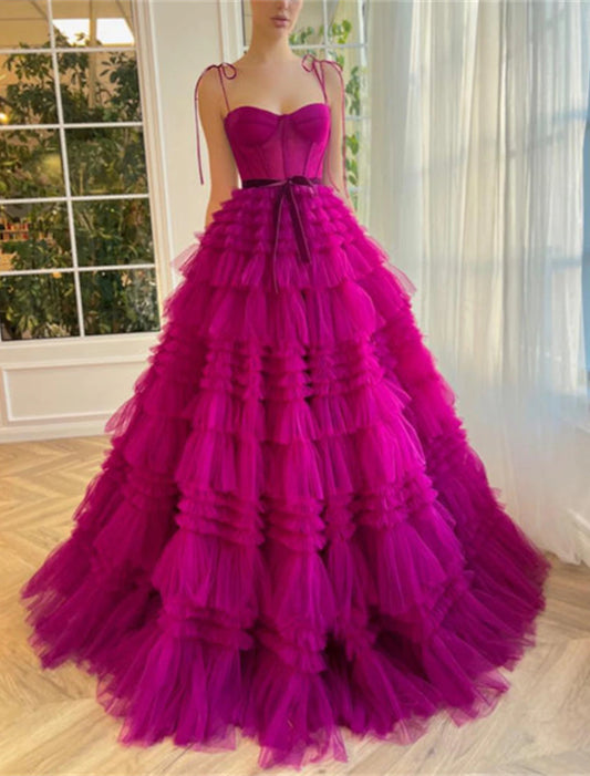 Wholesa Ball Gown Evening Gown Puffy Dress Wedding Party Birthday Floor Length Sleeveless Spaghetti Strap Tulle with Ruffles Strappy