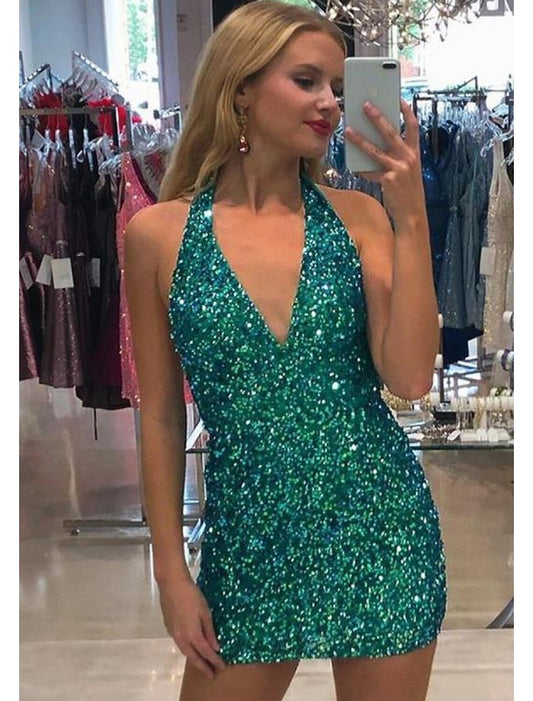 wholesale  Mermaid / Trumpet Party Dresses Sexy Dress Cocktail Party Short / Mini Sleeveless V Neck Sequined Backless with Sequin