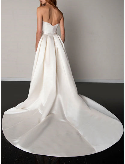 Wholesa Formal Wedding Dresses A-Line Sweetheart Sleeveless Court Train Satin Bridal Gowns With Bow(s) Pleats