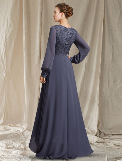 Wholesa A-Line Mother of the Bride Dress Elegant High Low V Neck Sweep / Brush Train Asymmetrical Tea Length Chiffon Lace Long Sleeve with Pleats Appliques