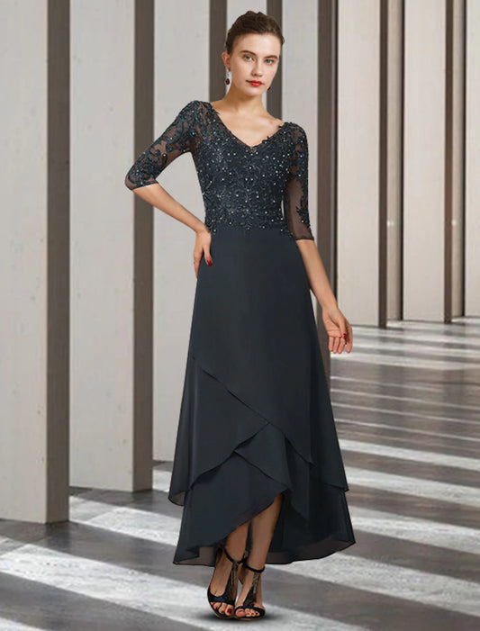 wholesale A-Line Mother of the Bride Dress Elegant High Low V Neck Asymmetrical Ankle Length Chiffon Lace Half Sleeve with Beading Ruffles Appliques