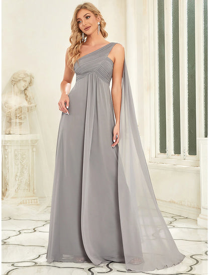 Wholesale A-Line Evening Gown Empire Dress Formal Evening Floor Length Sleeveless One Shoulder Bridesmaid Dress Chiffon Backless with Pleats Draping